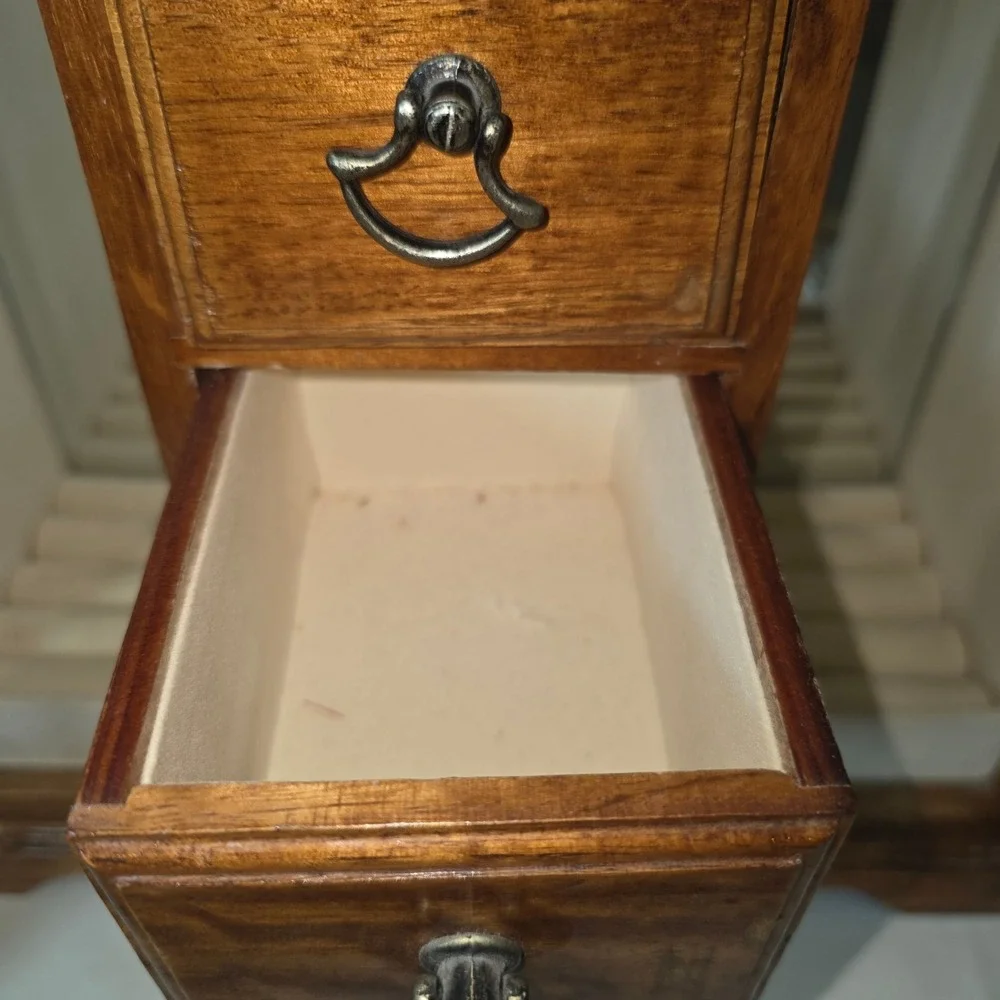 Vtg Wooden Jewelry Armoire Box 5 Drawers Etched Glass Doors Necklace Carousel